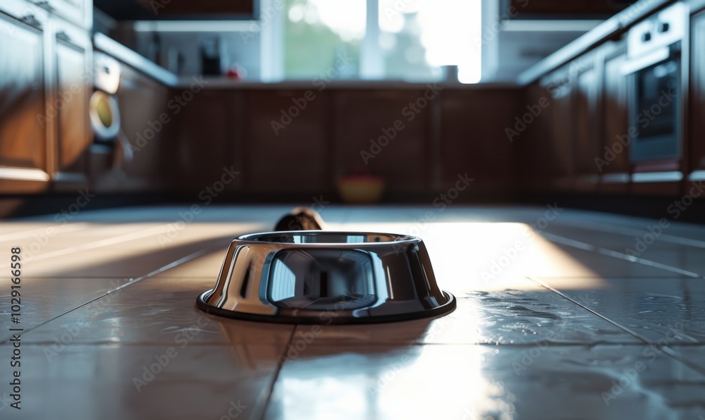Pet bowl on the kitchen floor, 4K hyperrealistic photo Pet bowl on the kitchen floor, 4K hyperrealistic photo