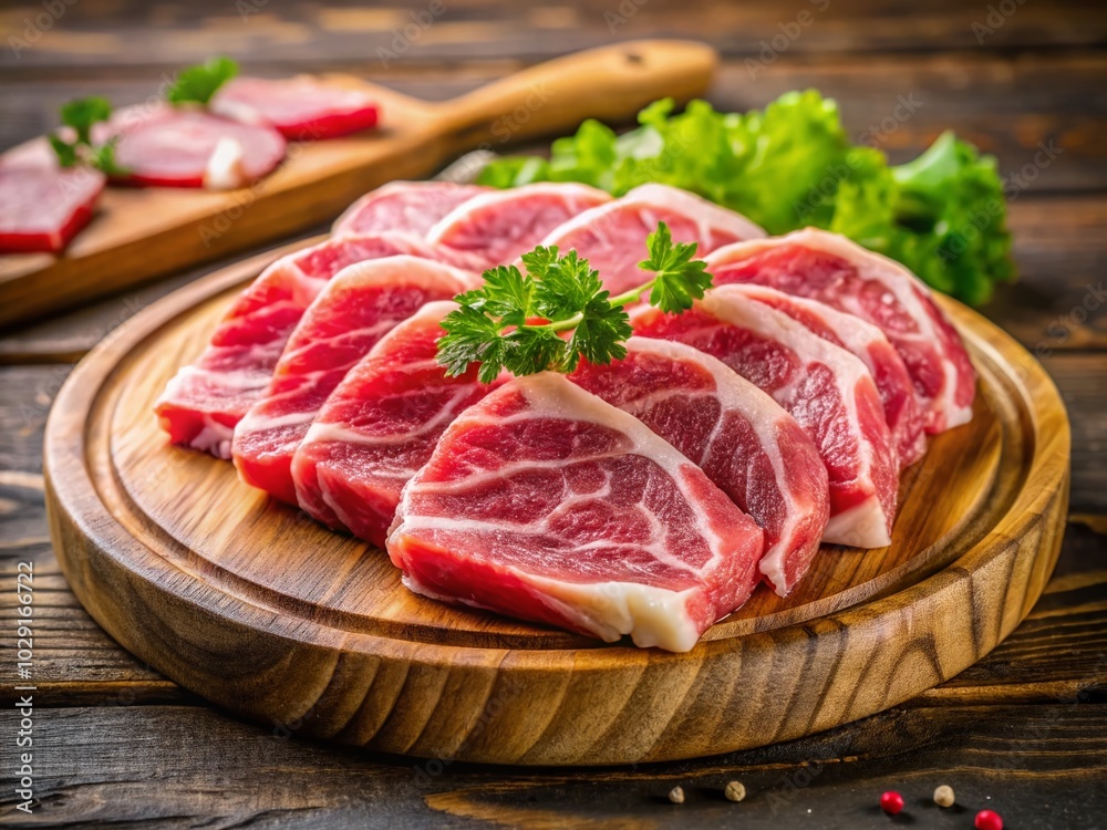 Silhouette of Raw Pork Shoulder Slices on Wooden Plate for Shabu Cooking