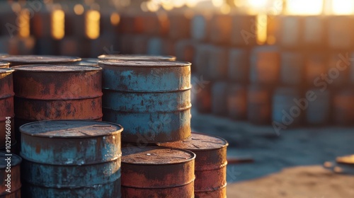 A pile of rusted oil barrels stacked high in an industrial setting