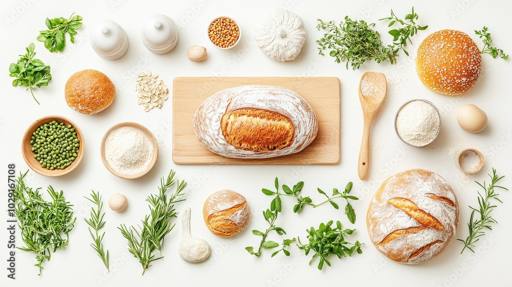 Overhead shot of a baking station with a focus on safety equipment and hygienic utensils used in healthy bread baking. Overhead shot of a baking station with a focus on safety equipment and hygienic utensils used in healthy bread baking.