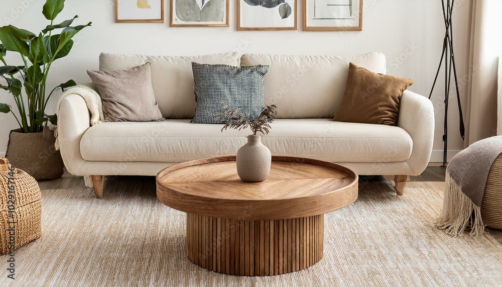 Obraz premium Round wooden coffee table near beige sofas against white wall with posters. Scandinavian style home interior design of modern living room. Created with generative AI