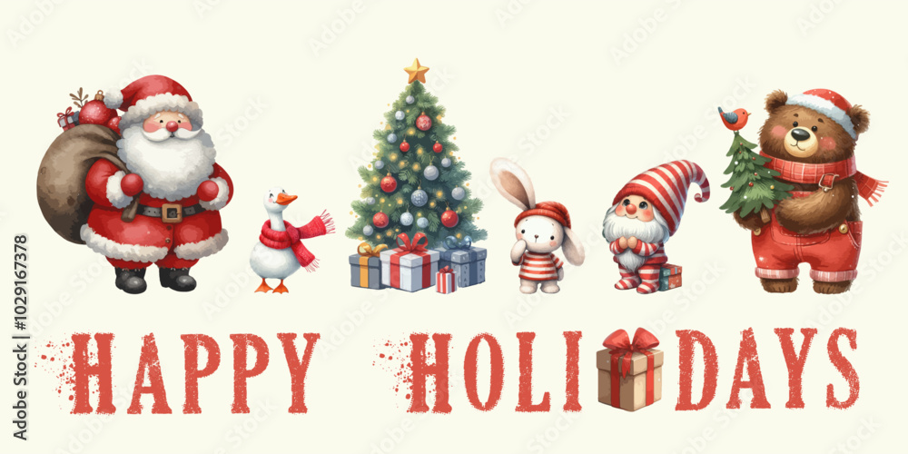 Happy Holidays watercolor Christmas banner. Christmas tree, Santa Claus, bear. Happy Holidays watercolor Christmas banner. Christmas tree, Santa Claus, bear.