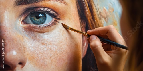 Artist painting a hyper-realistic portrait, using oil paints and fine brushes to create lifelike textures. photo