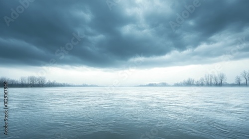 A dark stormy sky over a flooded landscape, natural disaster theme, cold and dramatic atmosphere