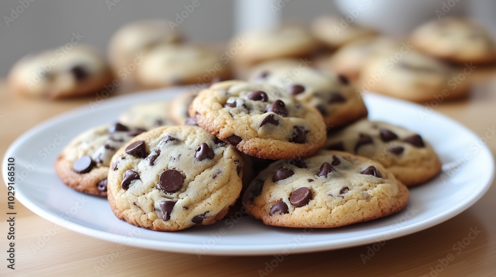 Freshly baked chocolate chip cookies on a white plate with a blurred background of more cookies in a cozy kitchen setting Freshly baked chocolate chip cookies on a white plate with a blurred background of more cookies in a cozy kitchen setting