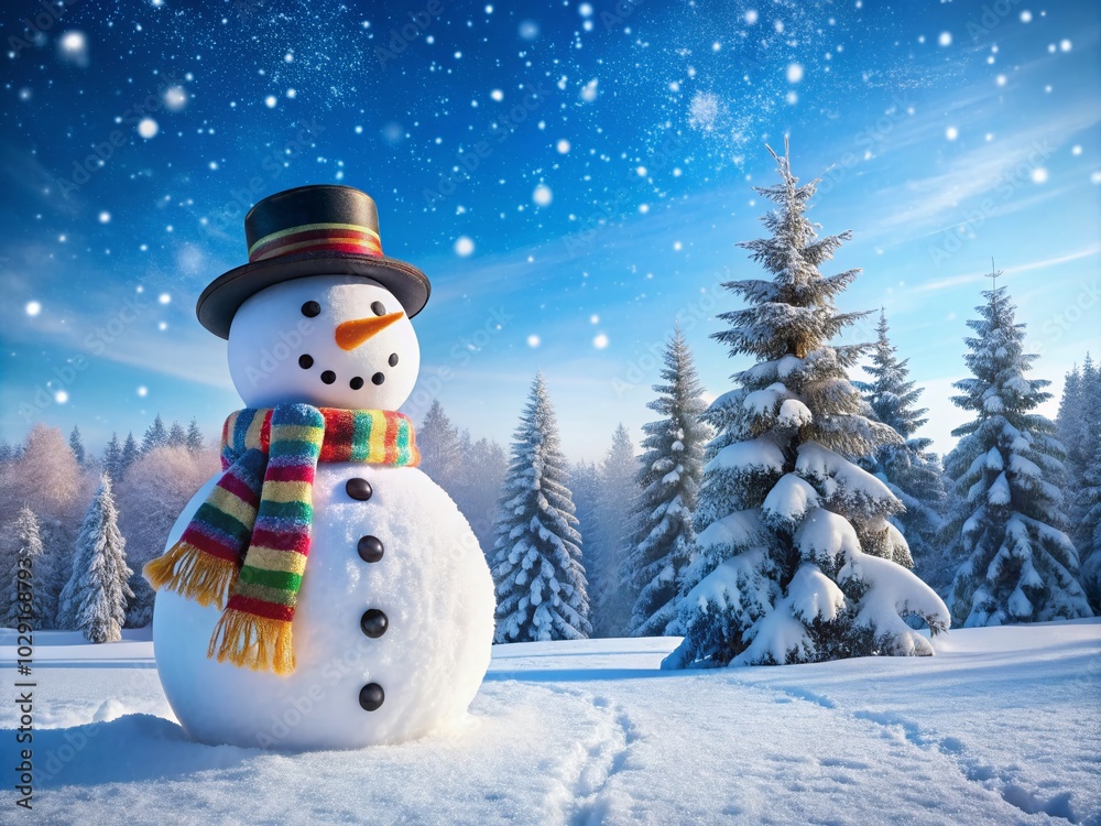 Obraz premium Simple Snowman with Scarf and Hat in a Winter Landscape - Panoramic Photography