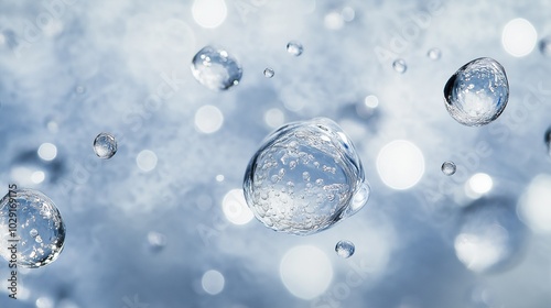 Hyaluronic acid droplets suspended in water, emphasizing hydration