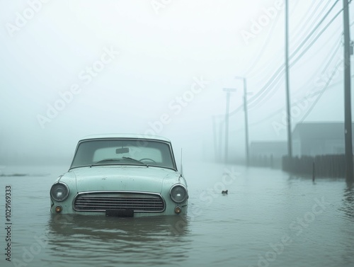 A submerged city avenue lined with deserted vehicles, reflecting the aftermath of a hurricane, features subdued hues and a gloomy, cloud-covered sky.