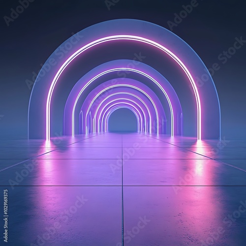 3d render of abstract futuristic arch architecture with neon light and empty concrete floor, Generative Ai