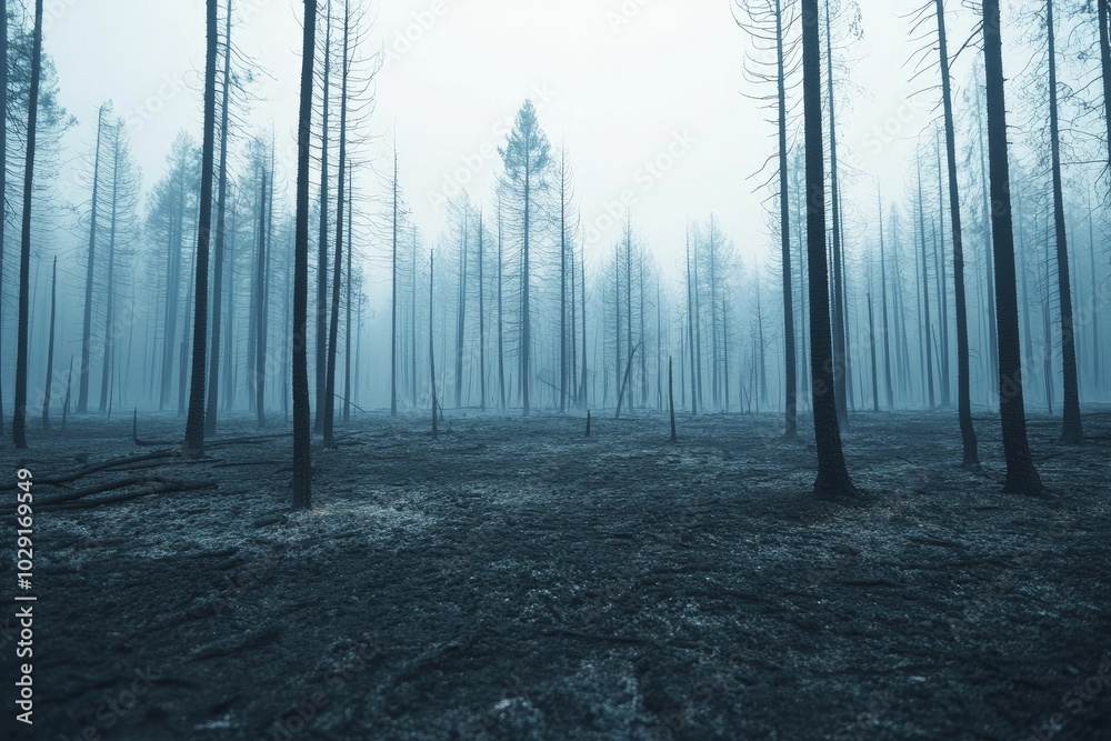 Naklejka premium A forest completely burned by a wildfire, blackened trees and ash-covered ground, low light