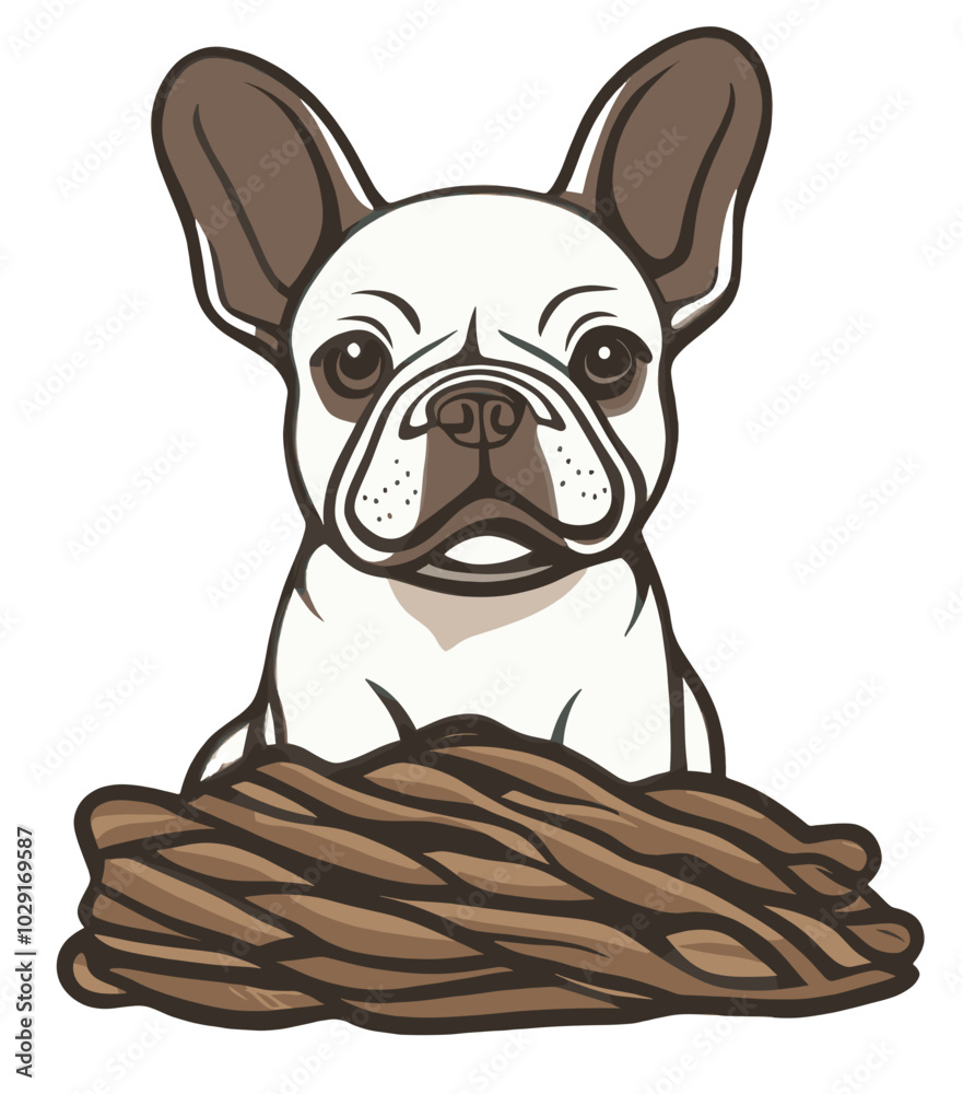 Cute illustration of a French Bulldog holding a rope toy, featuring large ears and a playful, serious expression, perfect for dog lovers and playful pet designs Cute illustration of a French Bulldog holding a rope toy, featuring large ears and a playful, serious expression, perfect for dog lovers and playful pet designs