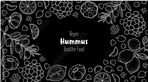 Hummus packaging design template. Cooking and ingredients for hummus. Sketch illustration. Middle eastern cuisine frame. Healthy food recipe, design elements. Hand drawn, package design.	