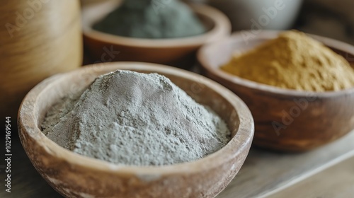 Natural clays like kaolin and bentonite in bowls photo