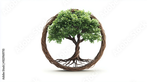 A tree with intertwined roots forming a circle, representing community and nature, icons on eco-friendly themes