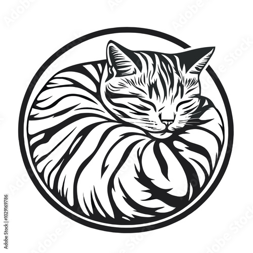 Elegant black-and-white illustration of a sleeping cat curled up in a circular pattern, featuring detailed fur and a peaceful expression, perfect for pet lovers and art enthusiasts