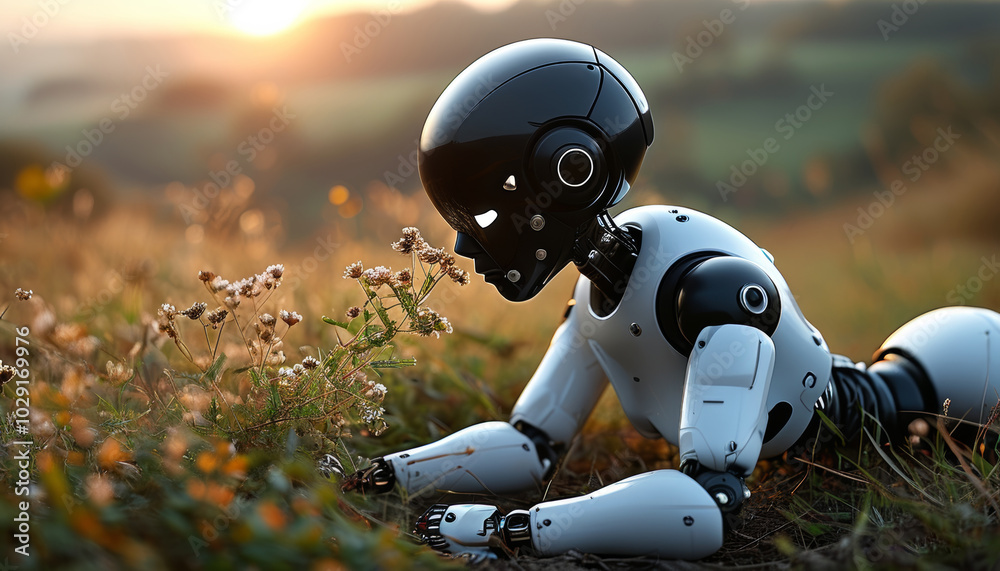 Elegant humanoid AI cyborg smelling flowers at sunrise, foggy meadow with soft backlight Elegant humanoid AI cyborg smelling flowers at sunrise, foggy meadow with soft backlight
