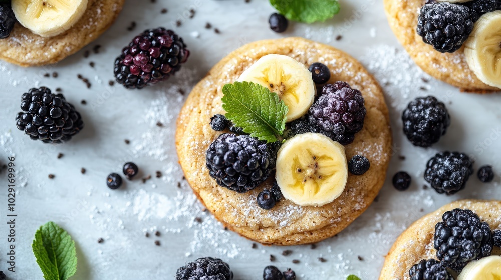 Soft cookies generously topped with a variety of seasonal fruits, such as blackberries and bananas, presented from a top view on a light background, highlighting their freshness. Soft cookies generously topped with a variety of seasonal fruits, such as blackberries and bananas, presented from a top view on a light background, highlighting their freshness.