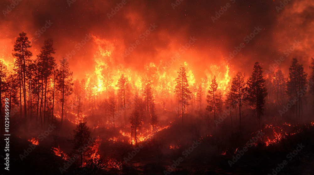 Uncontrolled Wildfire and Burning Trees Highlighting Severe Forest Devastation Uncontrolled Wildfire and Burning Trees Highlighting Severe Forest Devastation