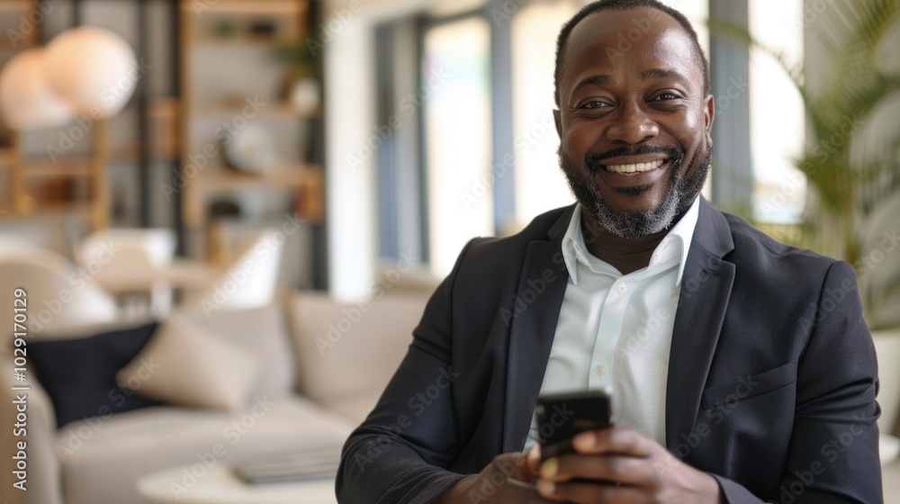 Smiling Black Man Using Smartphone in Office Setting Smiling Black Man Using Smartphone in Office Setting