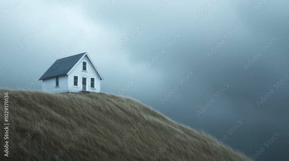 A house precariously perched on the brink of a cliff following a landslide, set against a dark, stormy sky, with striking contrasts illuminating the scene. A house precariously perched on the brink of a cliff following a landslide, set against a dark, stormy sky, with striking contrasts illuminating the scene.