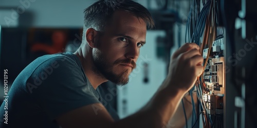 Electrician upgrading the wiring in a smart home, ensuring everything is connected to a central control system. 