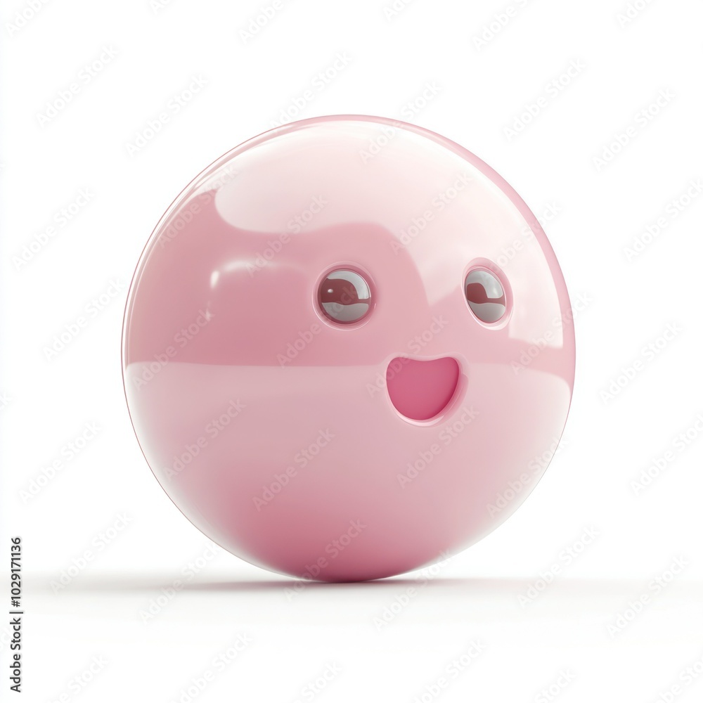 Fototapeta premium A pink sphere with a happy face, a 3D rendering with a white background.
