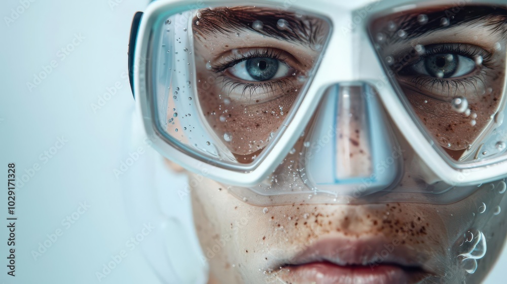 Obraz premium Man with diving mask, white background, underwater gear