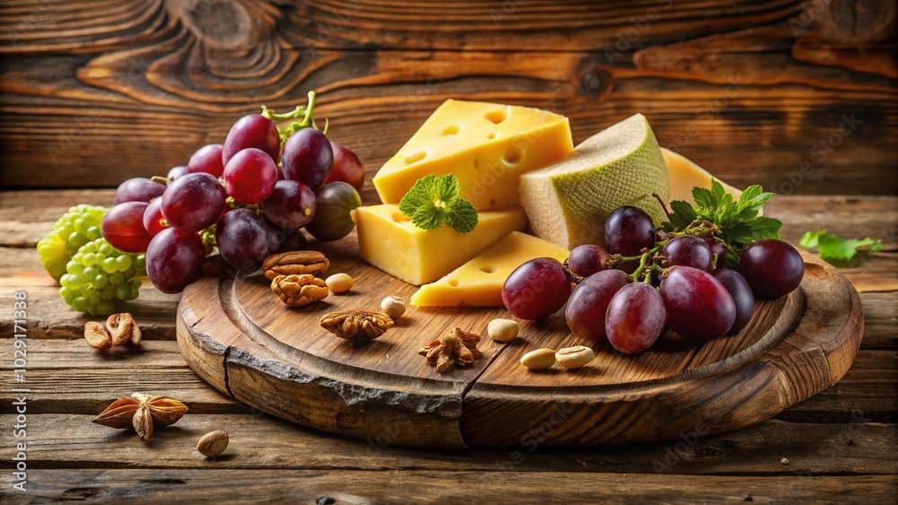 Sliced cheese accompanied by walnuts and grapes on a rustic wooden cutting board, ideal for charcuterie displays and gourmet food photography.