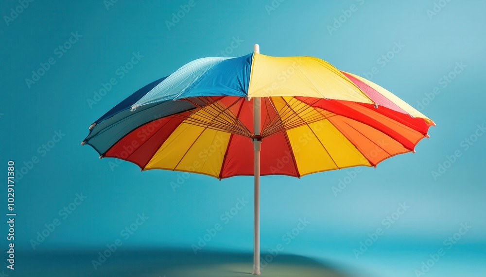 Bright and Colorful Rainbow Beach Umbrella with Vibrant Multicolor Panels Set Against a Clear Blue Sky. Ideal for Summer Vacation Ads, Resort Promotions, Tropical Getaways, and Outdoor Leisure Concep Bright and Colorful Rainbow Beach Umbrella with Vibrant Multicolor Panels Set Against a Clear Blue Sky. Ideal for Summer Vacation Ads, Resort Promotions, Tropical Getaways, and Outdoor Leisure Concep