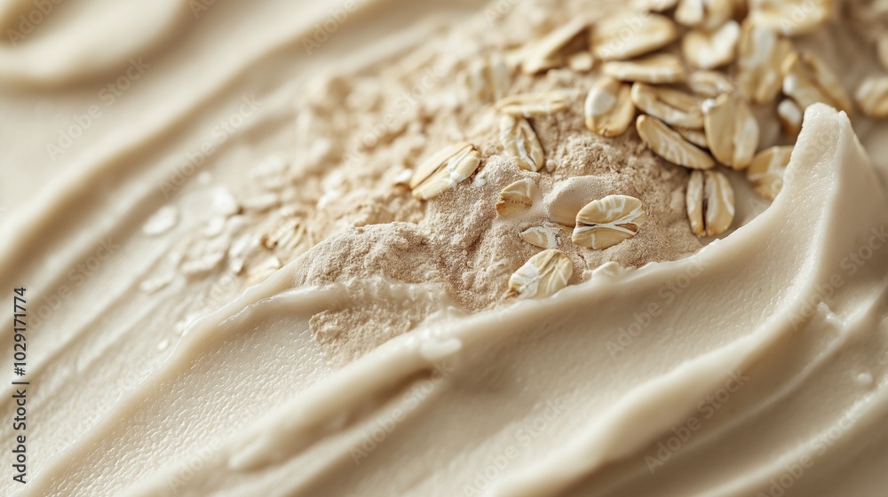 Oat grains and powdered oatmeal, displayed with creamy masks Oat grains and powdered oatmeal, displayed with creamy masks