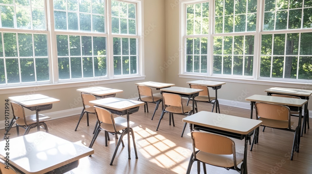 Empty classroom with sunlight streaming through large windows, desks neatly arranged, warm and peaceful atmosphere, serene learning environment Empty classroom with sunlight streaming through large windows, desks neatly arranged, warm and peaceful atmosphere, serene learning environment