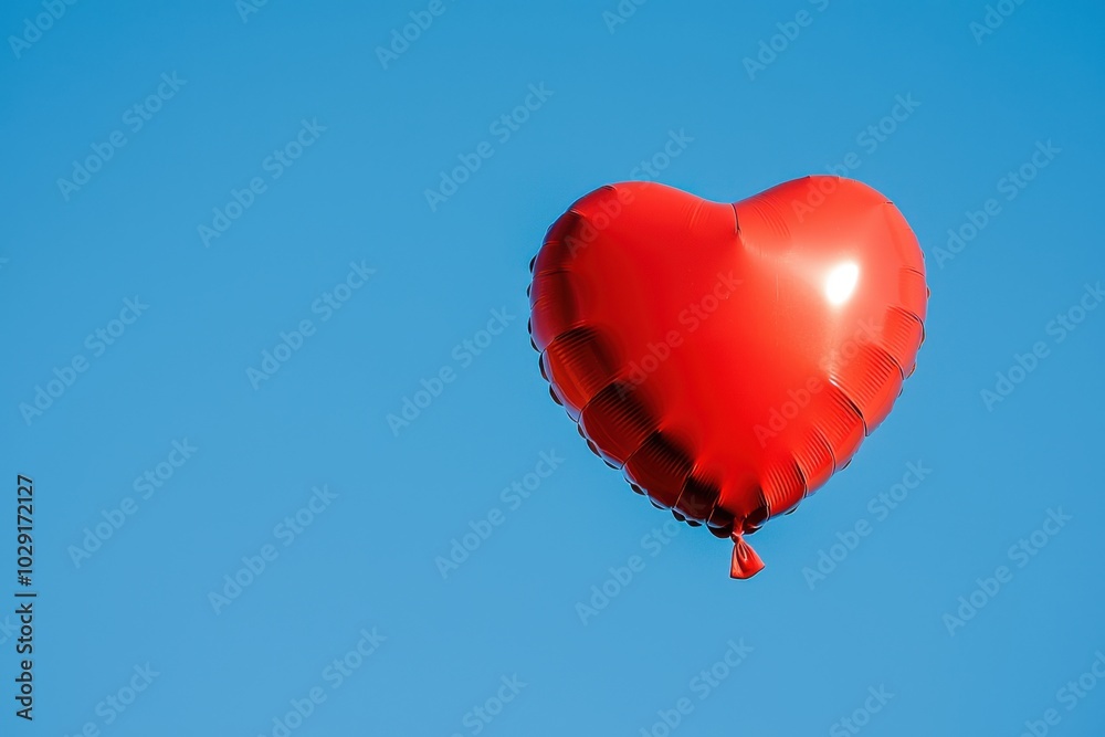 Fototapeta premium A bright red heart-shaped balloon floats against a clear blue sky, symbolizing love and celebration.