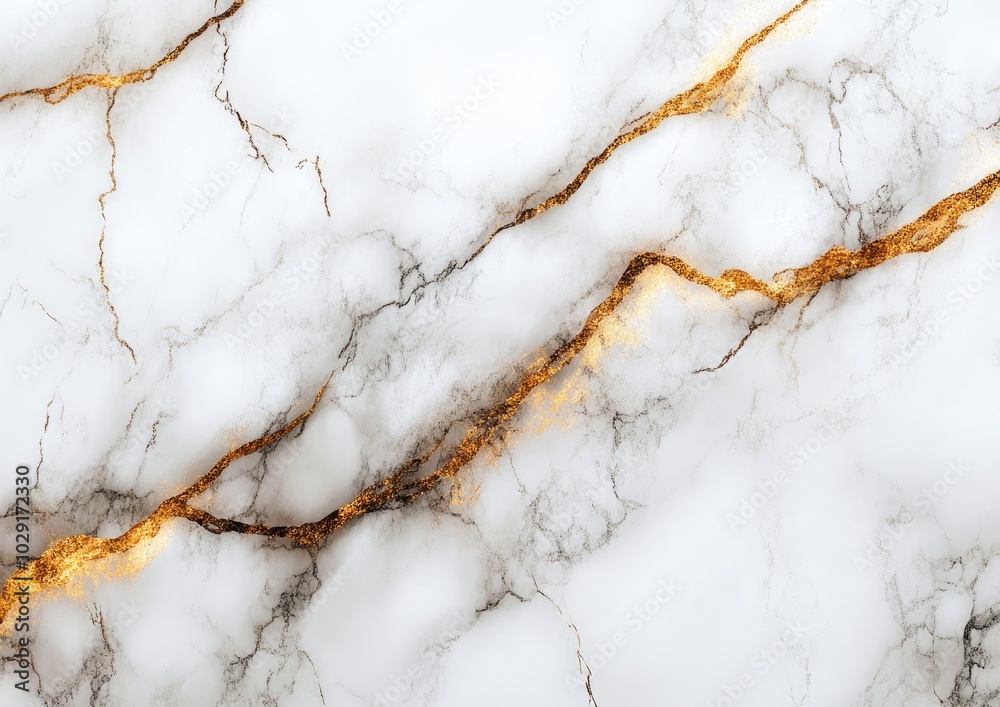 White marble texture with golden veins, seamless pattern, vector illustration, white background