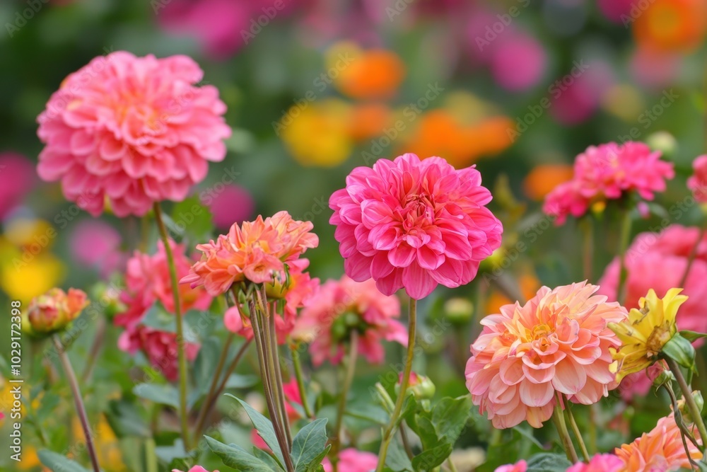 Vibrant pink and orange flowers bloom in the sunny garden during mid-spring Vibrant pink and orange flowers bloom in the sunny garden during mid-spring