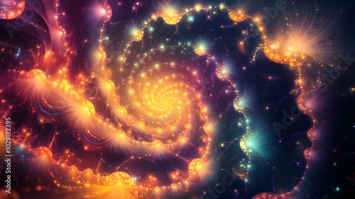 Fototapeta Naklejka Na Ścianę i Meble -  Glowing organic fractal energy patterns filling a liminal space expanding outward symbolizing the dreaming of reality