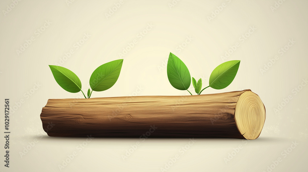 A wooden log with leaves sprouting from it, representing wood conservation and natural resources, Organic and eco friendly, vector and minimalistic