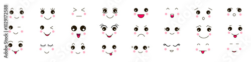 Cute cartoon faces. Set of emoticon icons. Smiling mouth, winking eyes, surprised facial expression. Funny cartoon emotional character.   Vector.