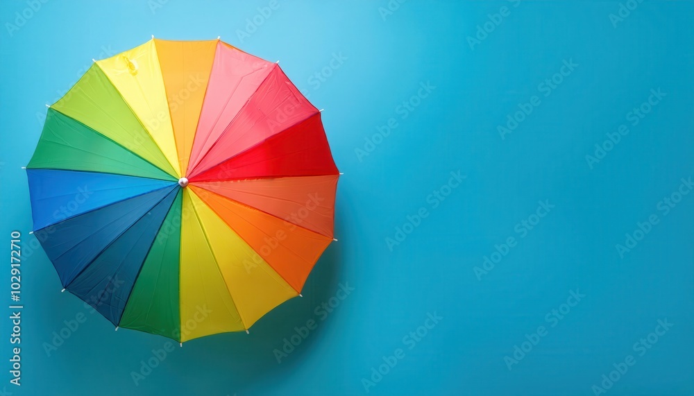 Overhead Top View of a Multicolored Umbrella on a Bright Blue Background. Ideal for Concepts of Summer, Creativity, Protection, and Playful Vibes in Marketing, Graphic Design, and Lifestyle Imagery Overhead Top View of a Multicolored Umbrella on a Bright Blue Background. Ideal for Concepts of Summer, Creativity, Protection, and Playful Vibes in Marketing, Graphic Design, and Lifestyle Imagery