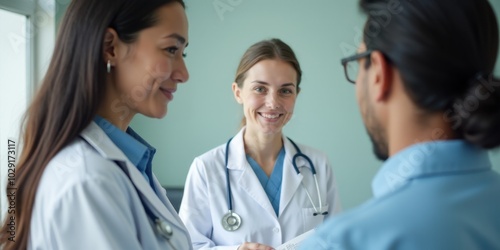Female doctor with a stethoscope discussing a medical case.