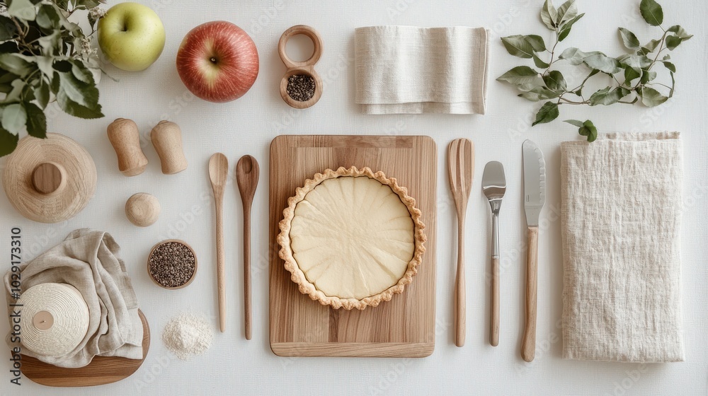Top-down image of a baking workspace, showcasing apple tart preparation with neatly arranged tools, fabrics, and minimalist decor.