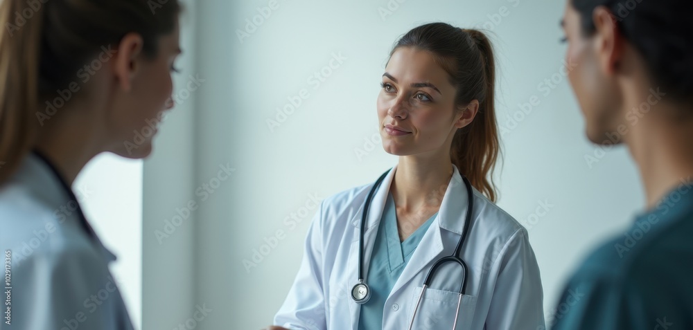 Female doctor talking to a colleague about patient care.