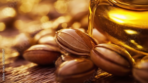Organic jojoba seeds displayed with golden oil