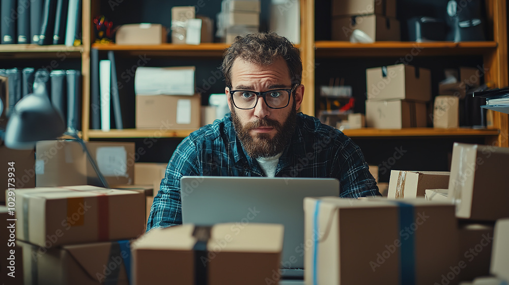 A focused man with glasses sits at a laptop surrounded by cardboard boxes, reflecting a workspace filled with organization and productivity. A focused man with glasses sits at a laptop surrounded by cardboard boxes, reflecting a workspace filled with organization and productivity.