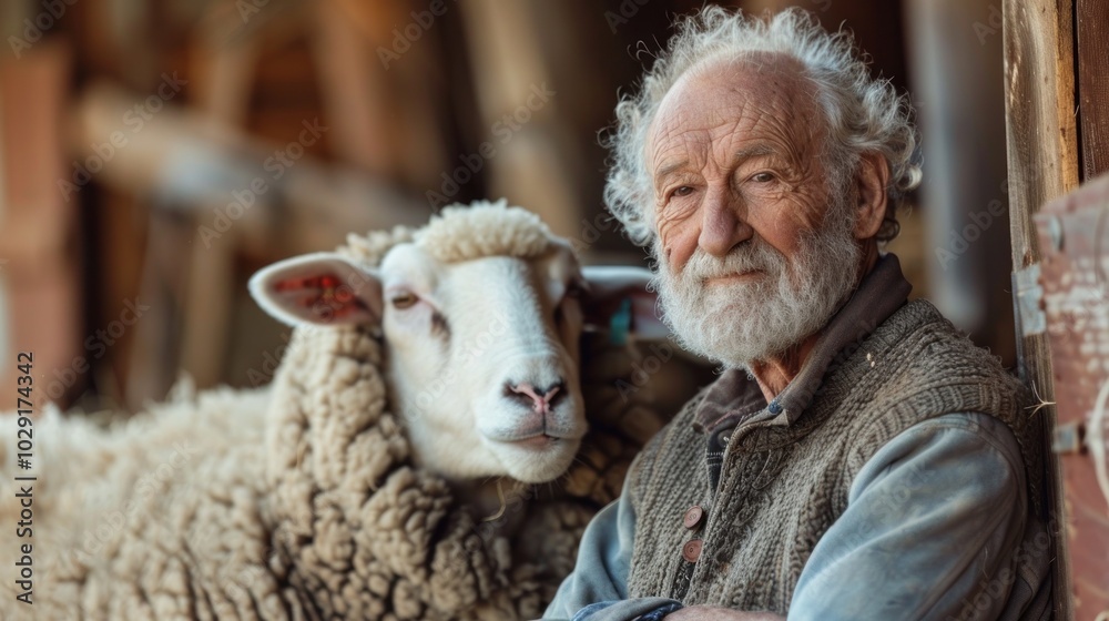 Elderly veterinarian and sheep in a rustic barn showcasing a bond between human and animal in a countryside setting Elderly veterinarian and sheep in a rustic barn showcasing a bond between human and animal in a countryside setting