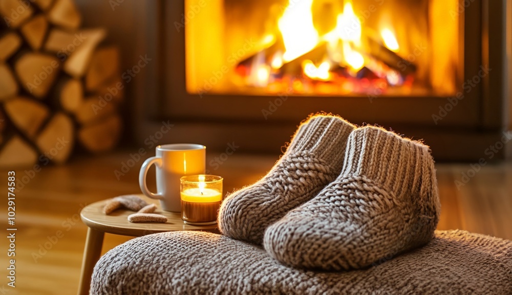 Warm woolen socks and a cup of tea by the fireplace, glowing candlelight creating a serene and cozy autumn atmosphere, inviting comfort and relaxation, copy space, selective focus

