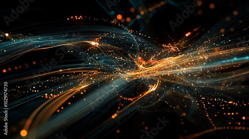This image shows the idea of a big data network. It uses internet connections, sound waves, and wireless signals to represent how business and finance work together.
