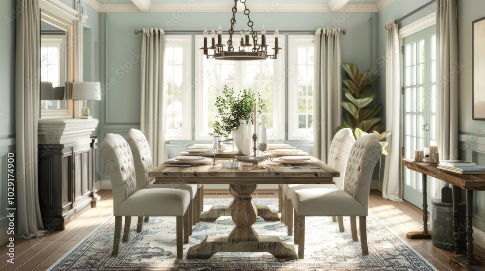 A Rustic Dining Room Table Set with Natural Light and White Upholstery