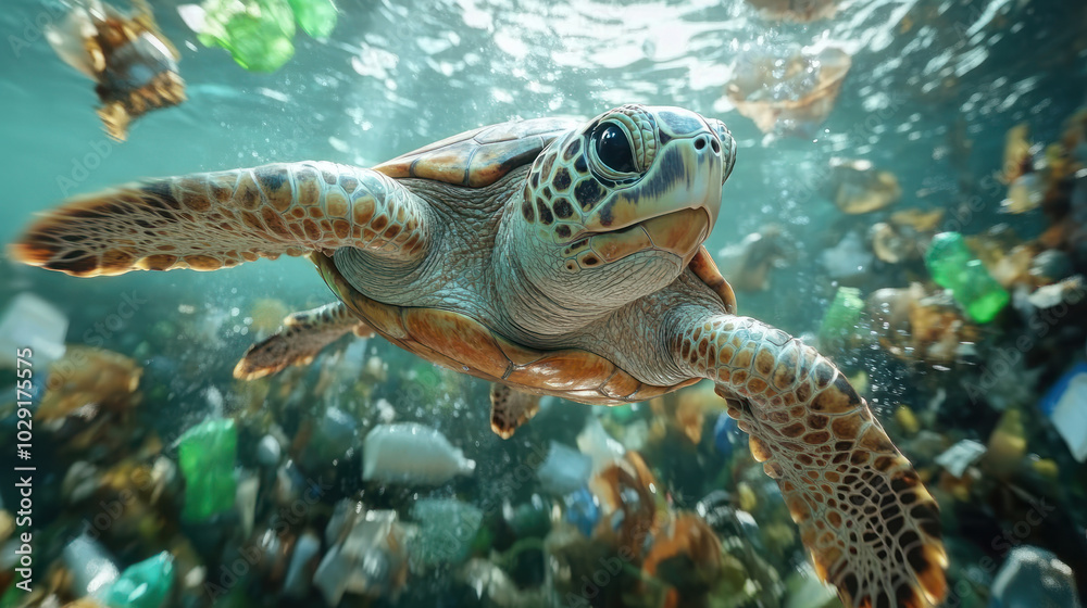 Fototapeta premium large turtle swimming gracefully in clean water surrounded by plastic debris, highlighting impact of pollution on marine life