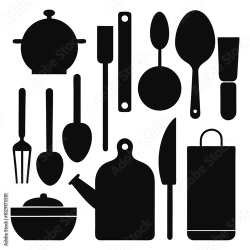 A comprehensive collection of essential kitchen tools silhouettes in vector format, perfect for culinary-themed projects, logos, and design projects. Ideal for cooking websites, apps, and promotional 