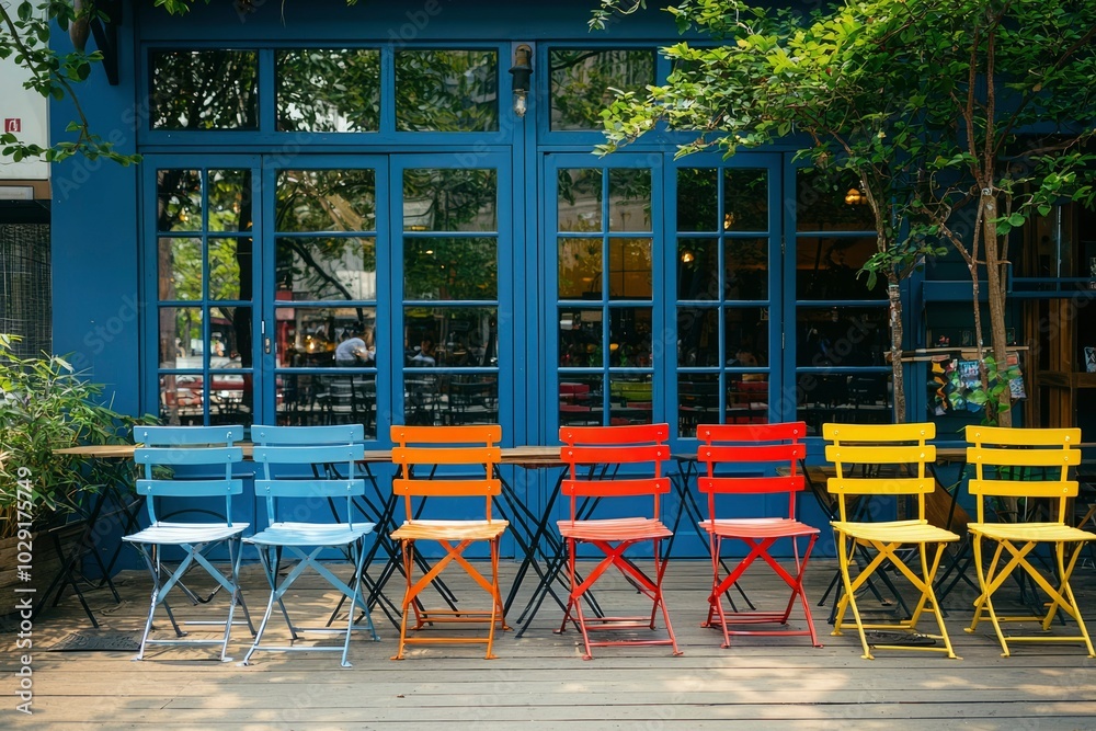 Colorful Folding Chairs on a Wooden Deck Outside a Blue Building Colorful Folding Chairs on a Wooden Deck Outside a Blue Building